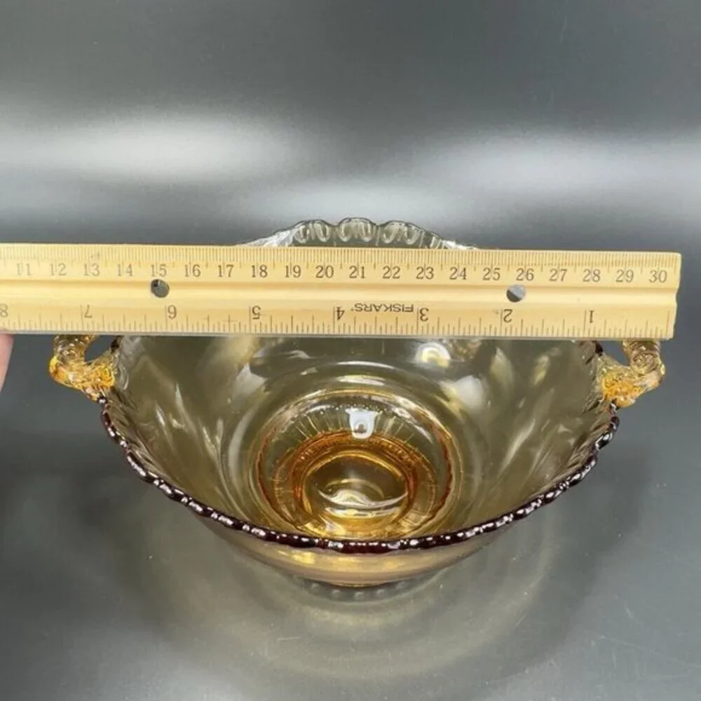 Vintage Gadroon Edges Amber Glass Footed Dish Bowl Container With Handles VTG‎